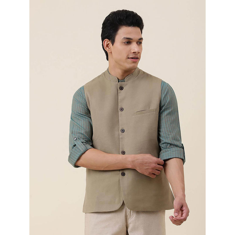 Fabindia Beige Cotton Blend Slim Fit Nehru Jacket (XS)