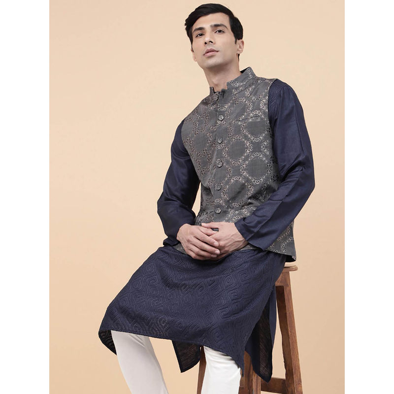 Fabindia Grey Cotton Silk Blend Cutwork Nehru Jacket (M)