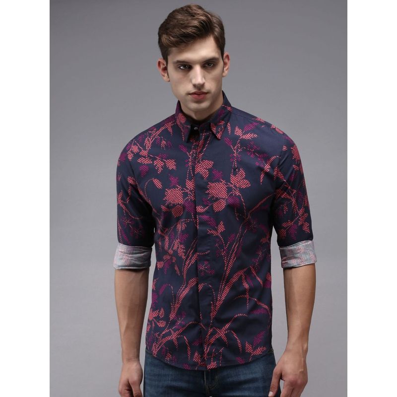 SHOWOFF Men Navy Blue Collar Neck Abstract Print Comfort Fit Shirt (XL)