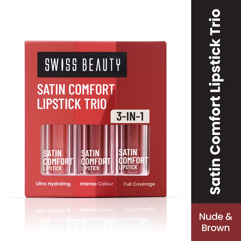 Swiss Beauty Satin Comfort Lipstick Trio 3-In-1 Combo - 1 Nude And Brown