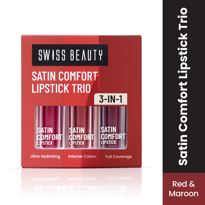 Swiss Beauty Satin Comfort Lipstick Trio 3-In-1 Combo - 3 Red And Maroon