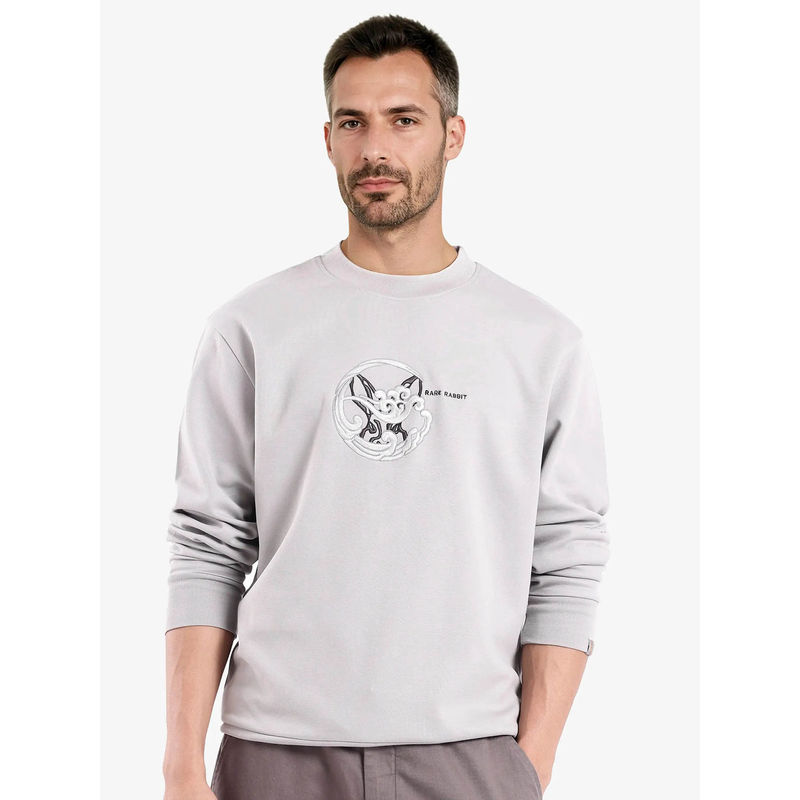 Rare Rabbit Clos Light Grey Embroidered Regular Fit Sweatshirt (S)