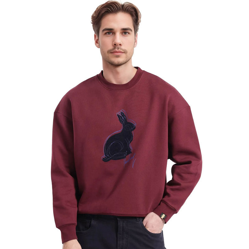 Rare Rabbit Ezy Maroon Graphic Oversized Fit Sweatshirt (M)