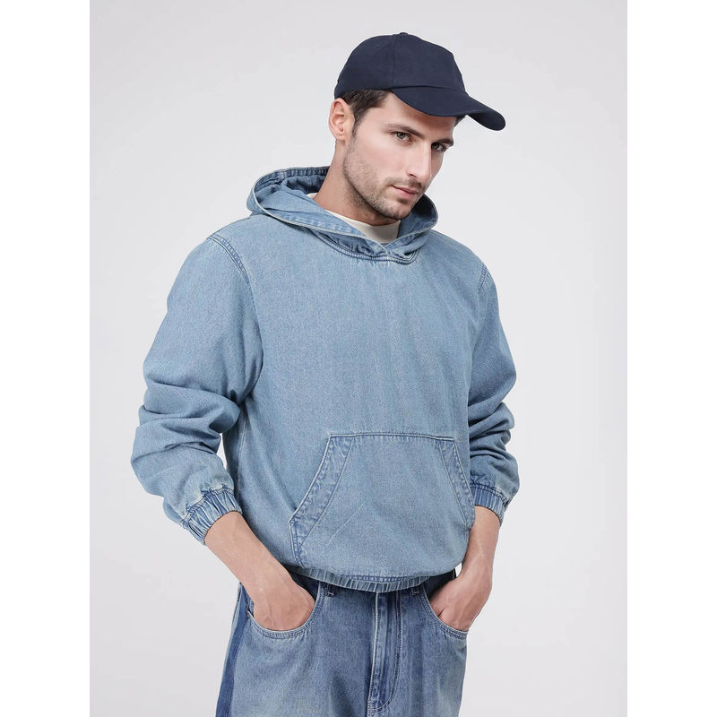 Rare Rabbit Voltas Light Blue Plain Oversized Fit Hoodie (S)