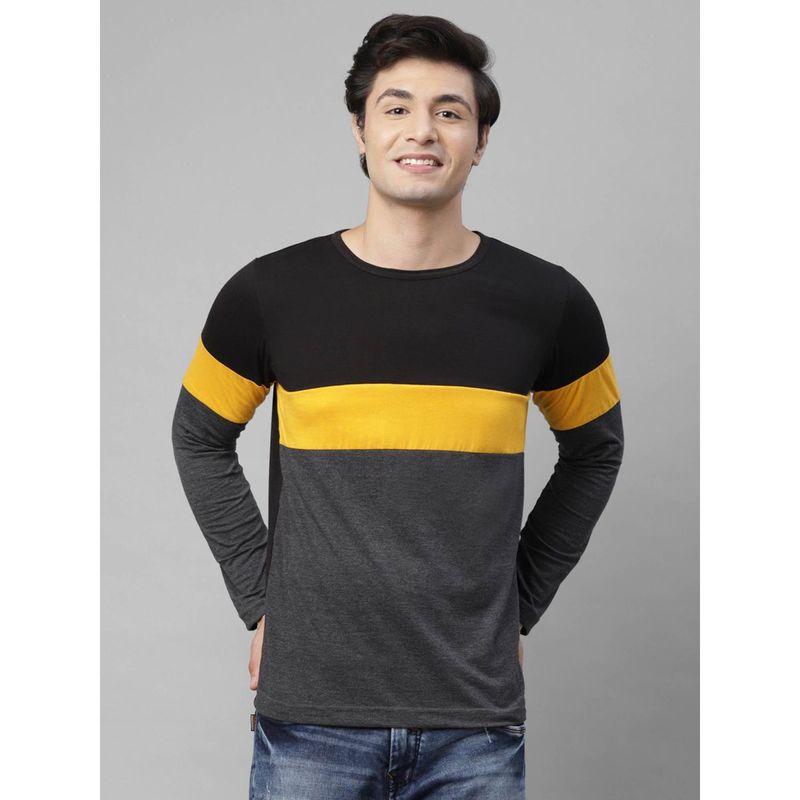 RIGO Men Black Charcoal Mustard Color Block Round Neck Cotton Full Sleeve T-Shirt (S)