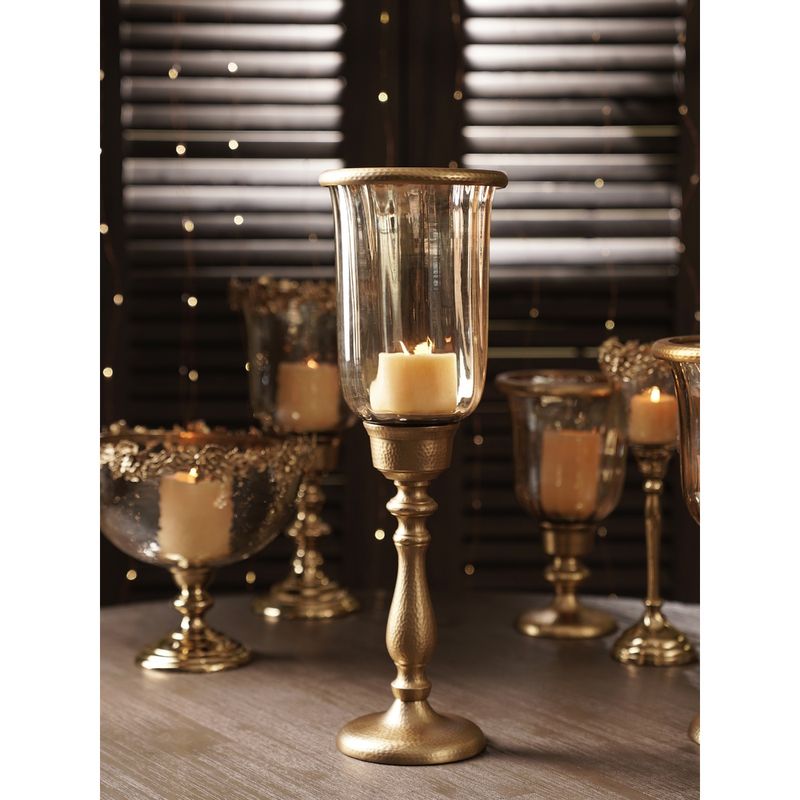 Buy Pure Home + Living Amber & Gold Tall Hammered Glass Hurricane