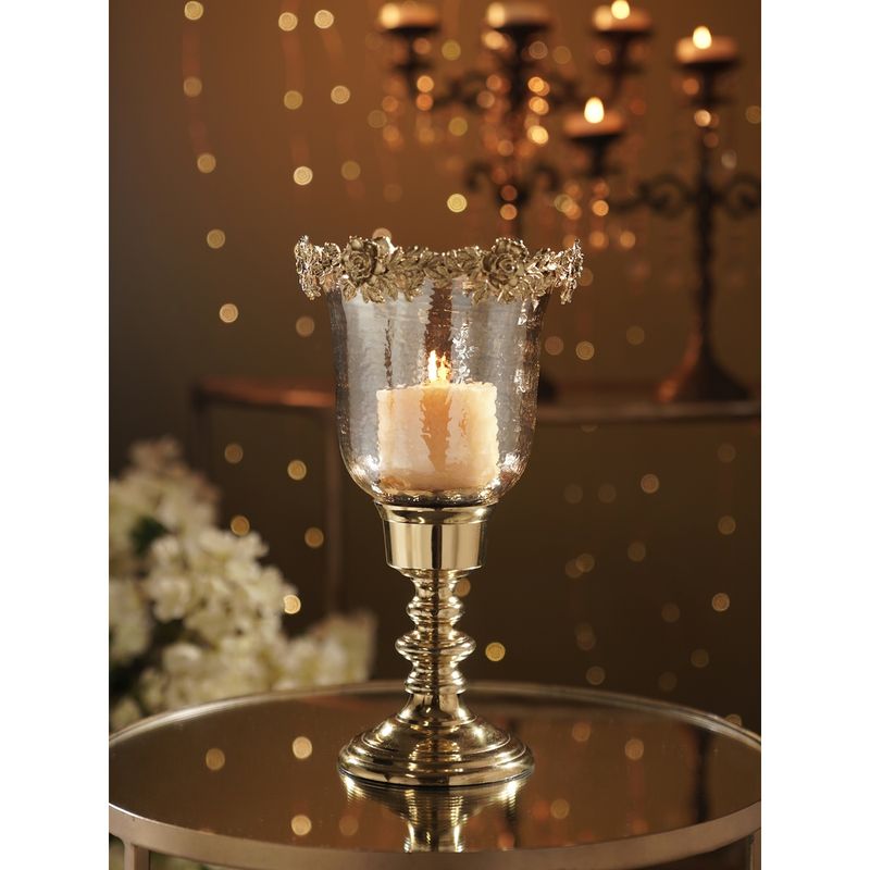 Pure Home + Living Amber & Gold Glass Hammered Hurricane Candle Holder (M)