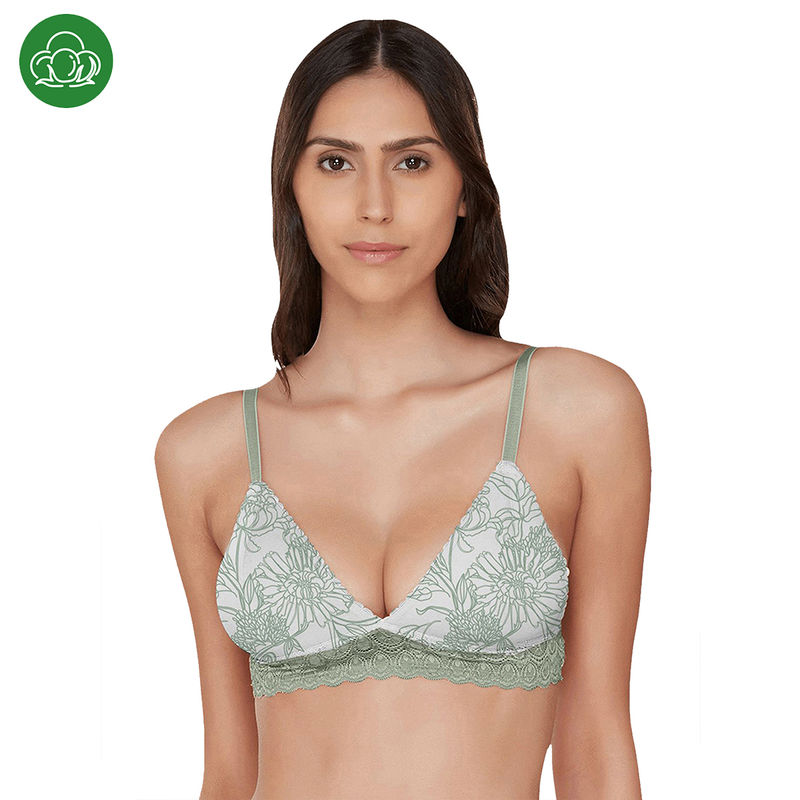 Inner Sense Organic Cotton Antimicrobial Non-wired Triangular Lace Band Bralette-Green (36B)