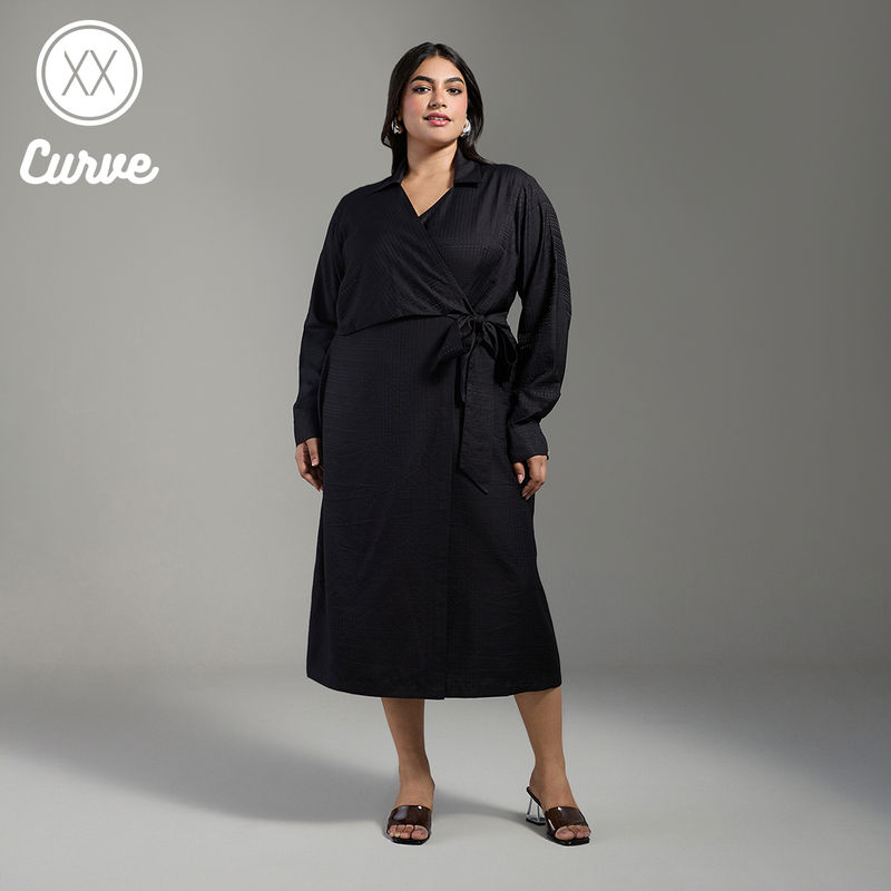 Twenty Dresses by Nykaa Fashion Curve Black Solid V Collared Neckline Tie Up Wrap Midi Dress (2XL)
