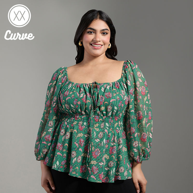 Twenty Dresses by Nykaa Fashion Curve Green Floral Square Neck Puff Sleeves Peplum Top (2XL)