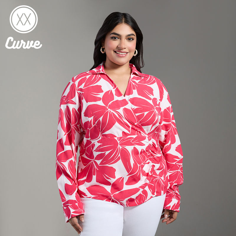 Twenty Dresses by Nykaa Fashion Curve Fuchsia Pink and White Floral Double Collar Wrap Top (2XL)