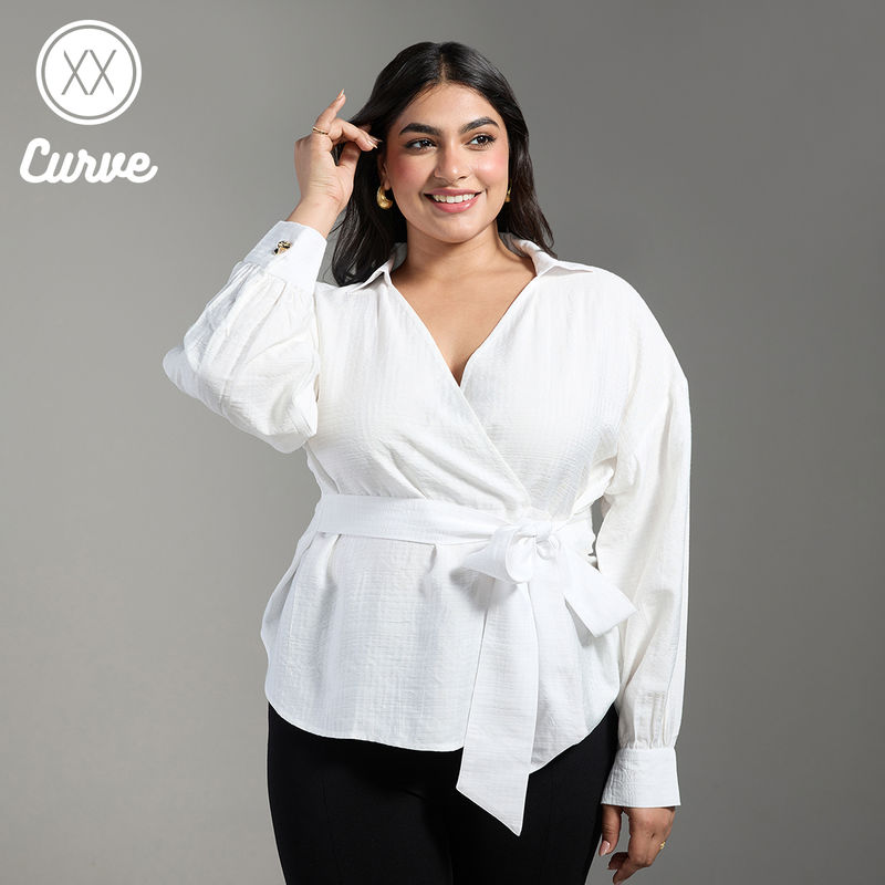 Twenty Dresses by Nykaa Fashion Curve White Solid Collared V Neck Tie Up Wrap Top (2XL)