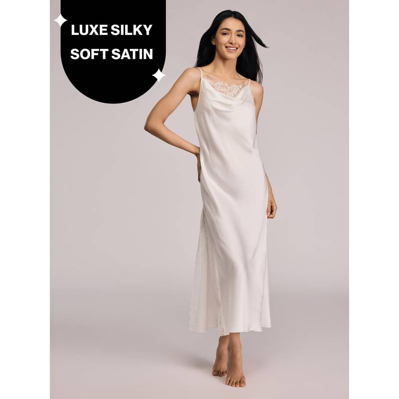 Nykd By Nykaa Luxe Satin Slip Dress With Lace-Accented Cowl Neck-Bridal Edit-NYS960 White (M)