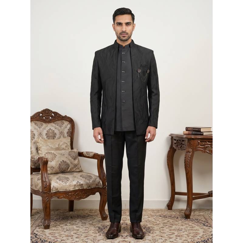 Jompers Men Cotton Blend Jacket With Bandhgala And Trouser Black (S)