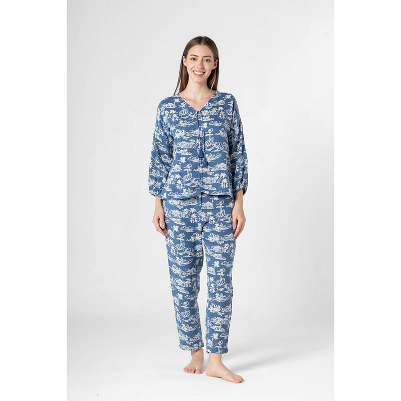 SAY Blue Printed V-Neck Night Top with Pyjama (Set of 2) (S)