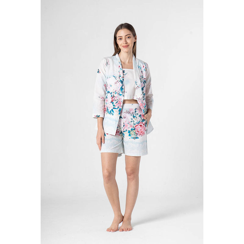 SAY White Floral Shawl Neck Night Top with Shorts & Jacket (Set of 3) (XS)
