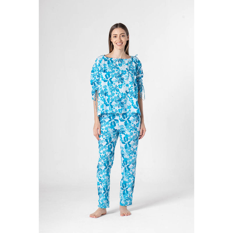 SAY Blue Floral Round Neck Night Top with Pyjama (Set of 2) (XS)