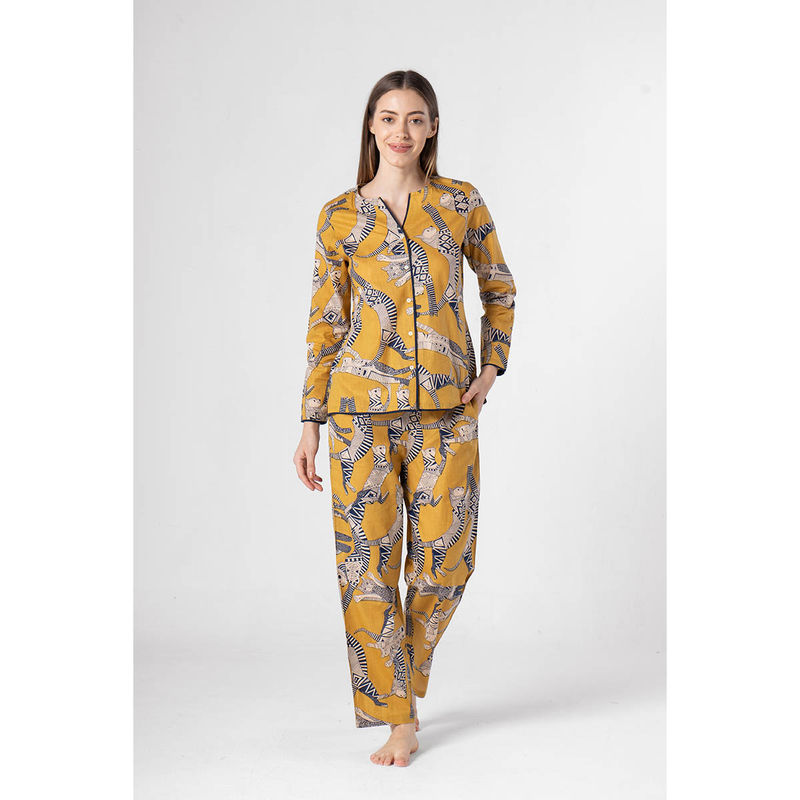 SAY Mustard Round Neck Printed Shirt with Pyjama (Set of 2) (S)