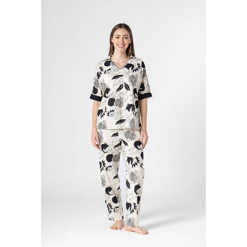 SAY Off White Shirt Collar Printed Top with Pyjama (Set of 2) (XS)