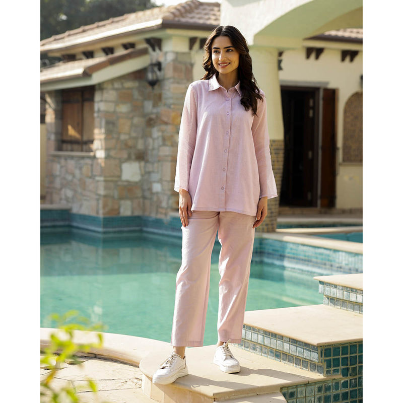 SAY Pink Checks Collar Neck Full Sleeves Night Shirt with Pyjama (Set of 2) (L)