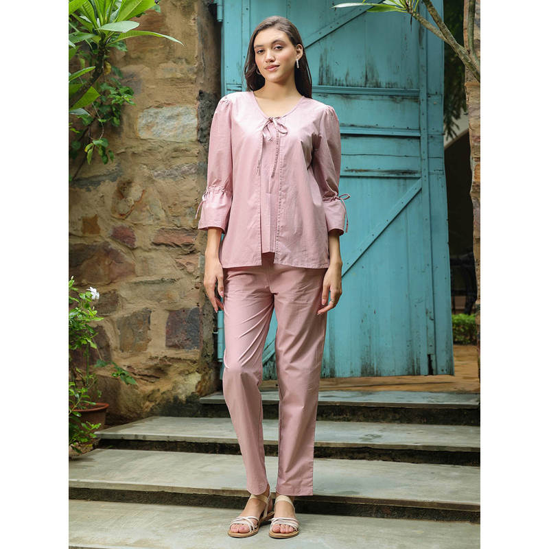 SANSKRUTIHOMES Pink Solid Three Fourth Sleeves Night Top with Pyjama (Set of 2) (S)
