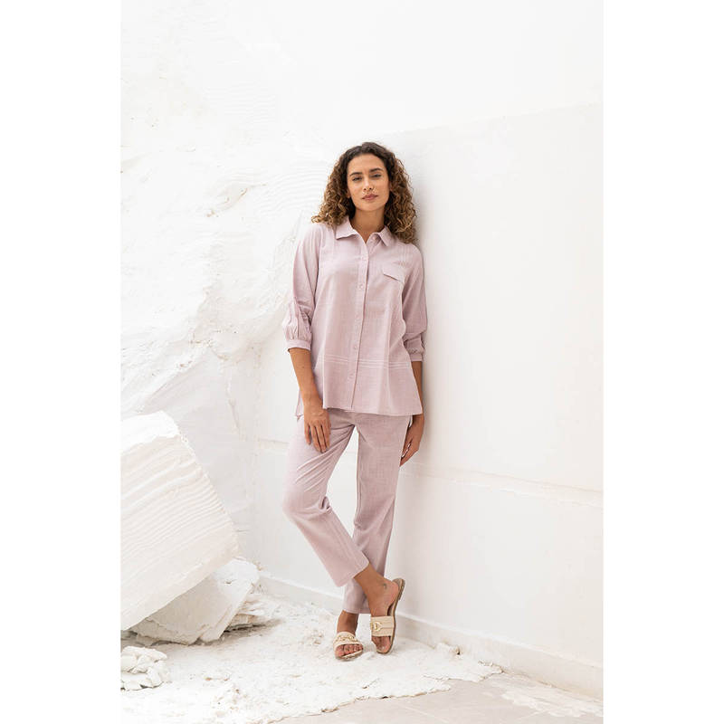 SANSKRUTIHOMES Pink Collar Neck Three Fourth Sleeves Night Shirt with Pyjama (Set of 2) (S)