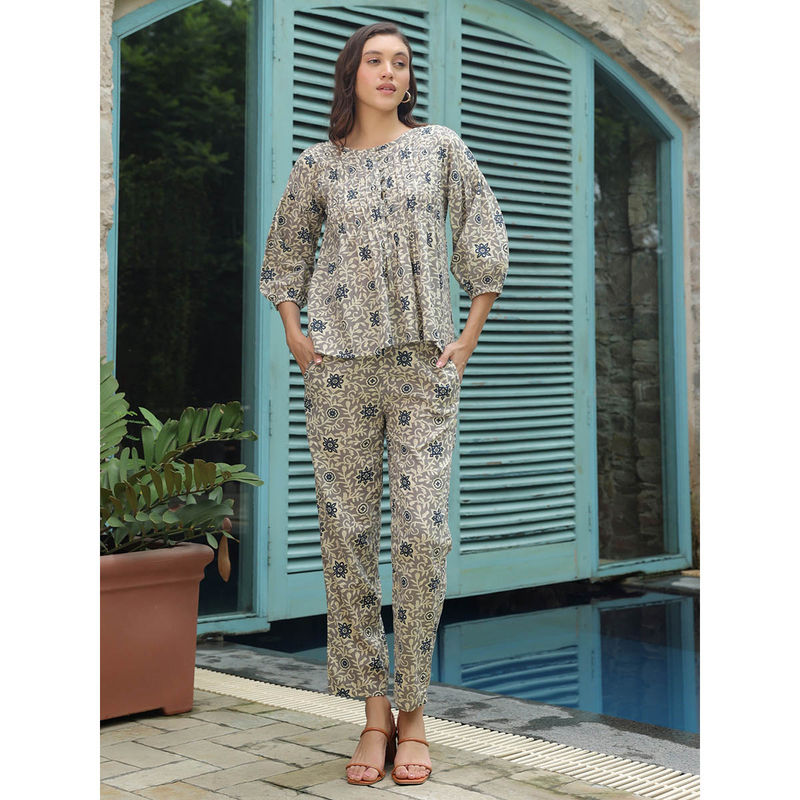 SAY Grey Printed Round Neck Night Top with Pyjama (Set of 2) (2XL)