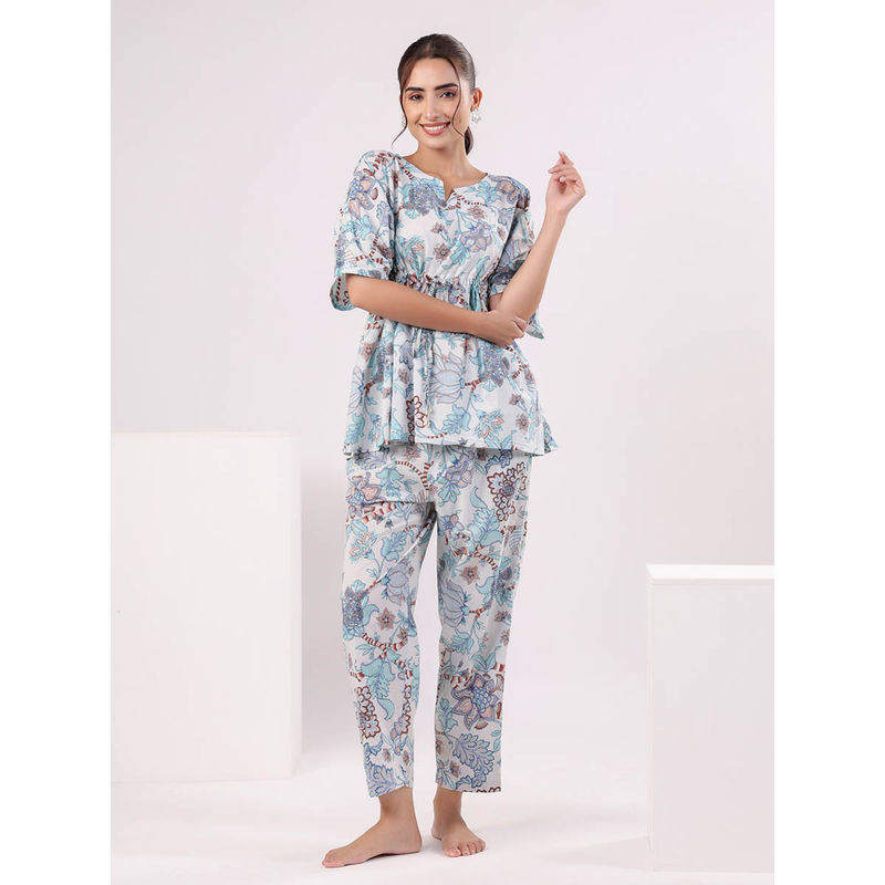SAY White Floral V-Neck Half Sleeves Night Kaftan Top with Pyjama (Set of 2) (M)