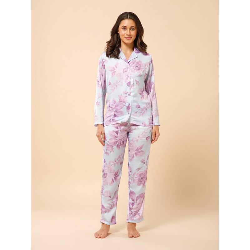 Drape In Vogue Pastel Florals Satin Nightsuit (S)