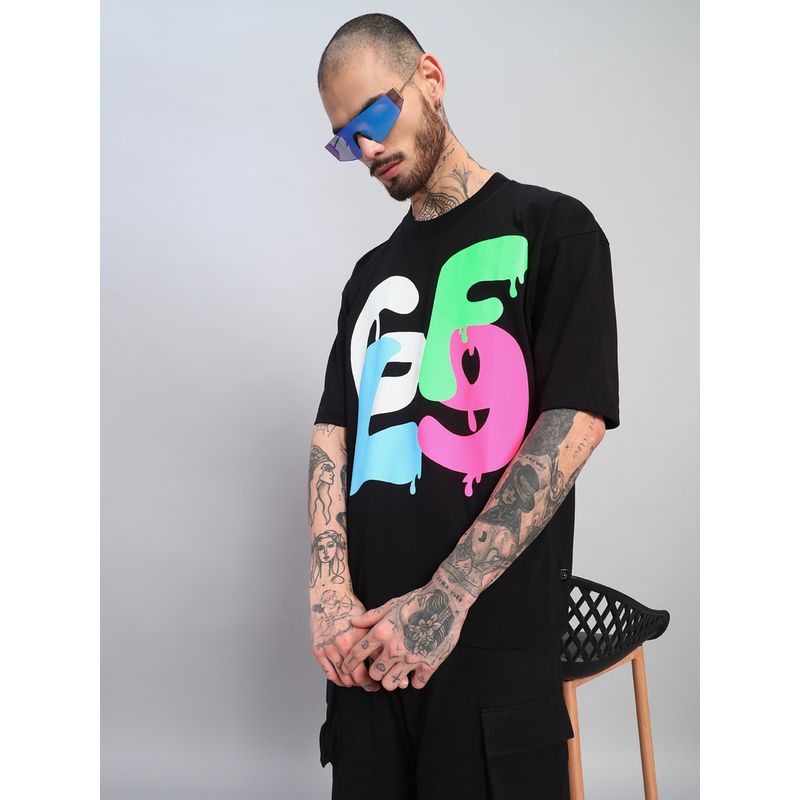 Griffel Men's Black Pure Cotton Oversized Crew Neck Printed T-Shirt (S)