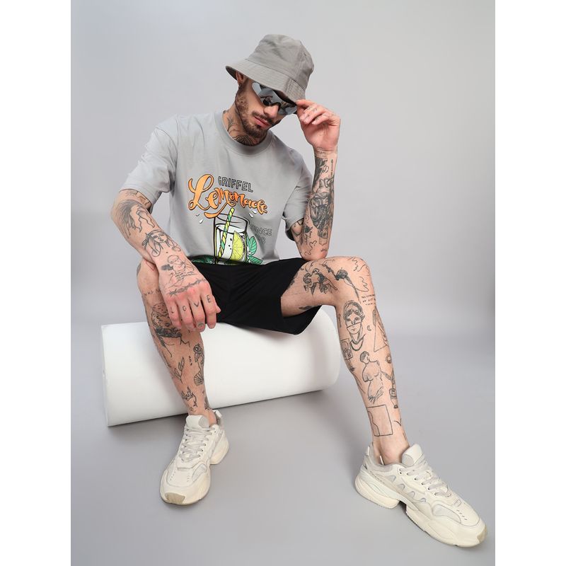 Griffel Men's Grey Pure Cotton Oversized Crew Neck Lemonade Graphic Printed T-Shirt (S)