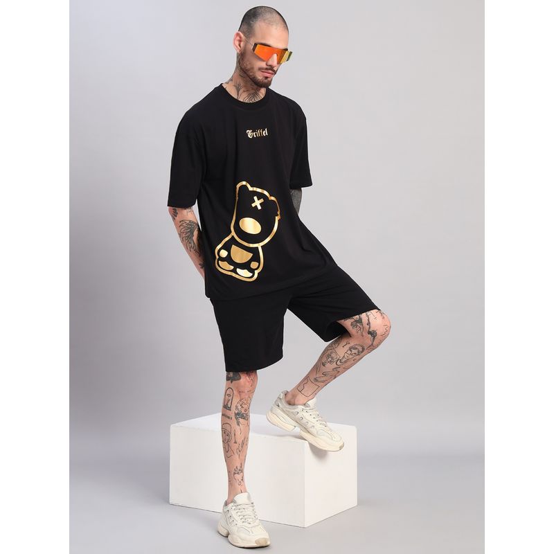 Griffel Men's Black Pure Cotton Oversized Crew Neck Side-Teddy Printed T-Shirt (S)