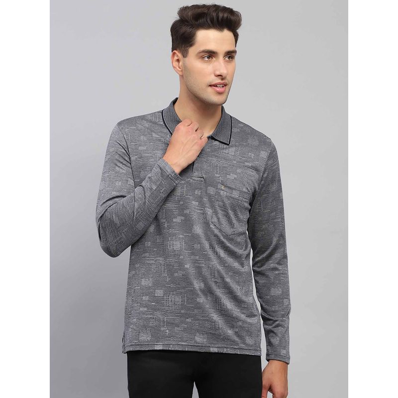 Monte Carlo Men Printed Grey Collar Neck Full Sleeve Polo T-Shirt (M)