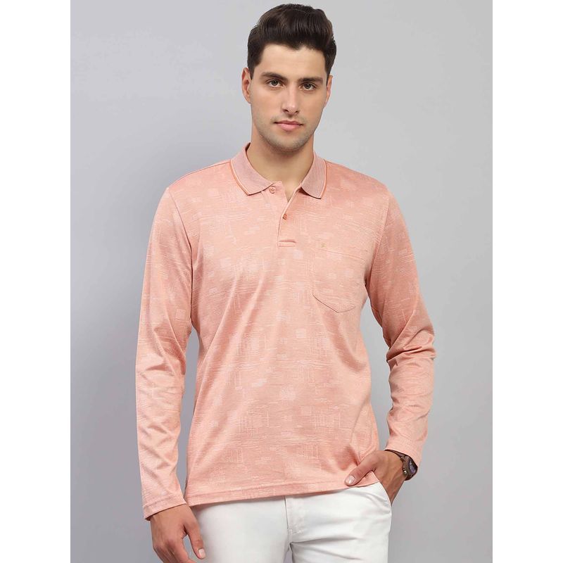 Monte Carlo Men Printed Peach Collar Neck Full Sleeve Polo T-Shirt (XL)