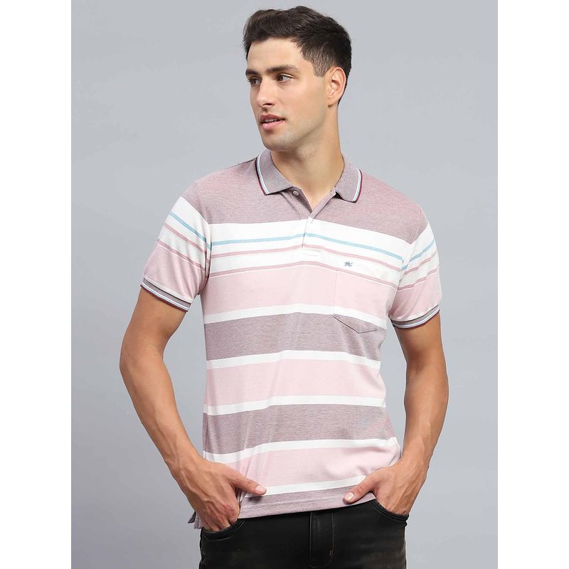 Monte Carlo Men Striped Pink Collar Neck Half Sleeves Polo T-Shirt (3XL)