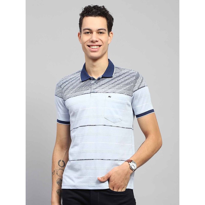 Monte Carlo Men Striped Blue Collar Neck Half Sleeve Polo T-Shirt (M)