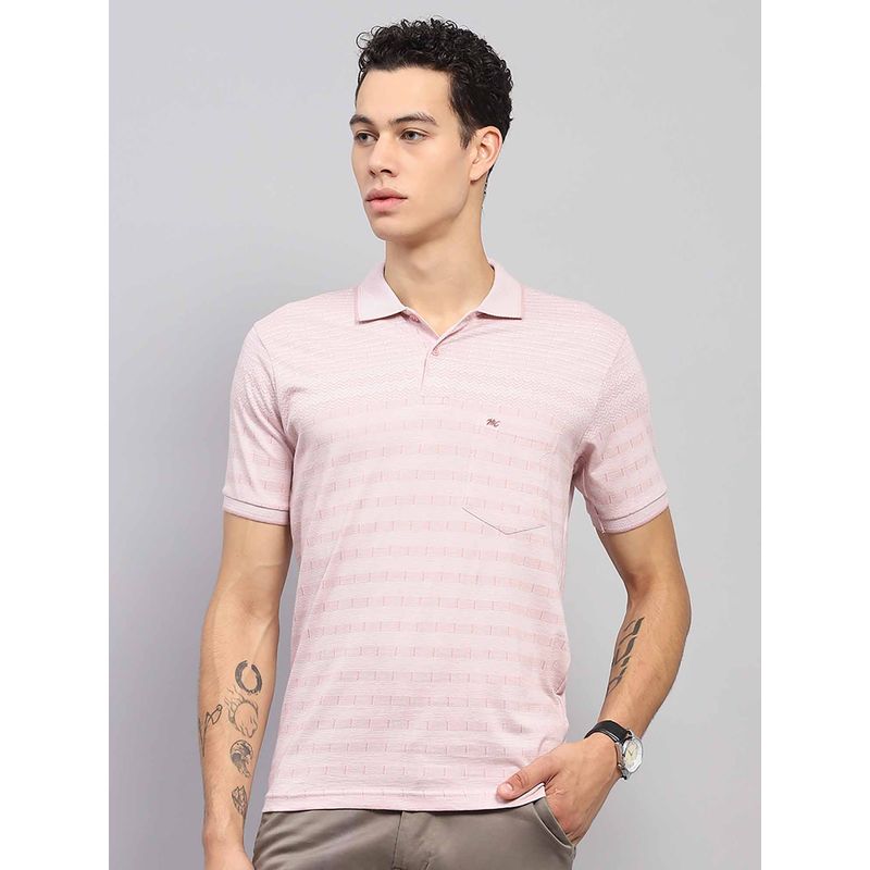 Monte Carlo Men Striped Pink Collar Neck Half Sleeve Polo T-Shirt (3XL)