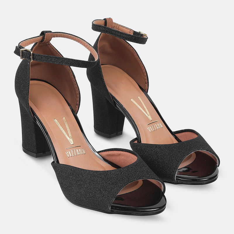 Vizzano Womens Black Shimmer Peep-Toe Block Sandal Heels (EURO 36)