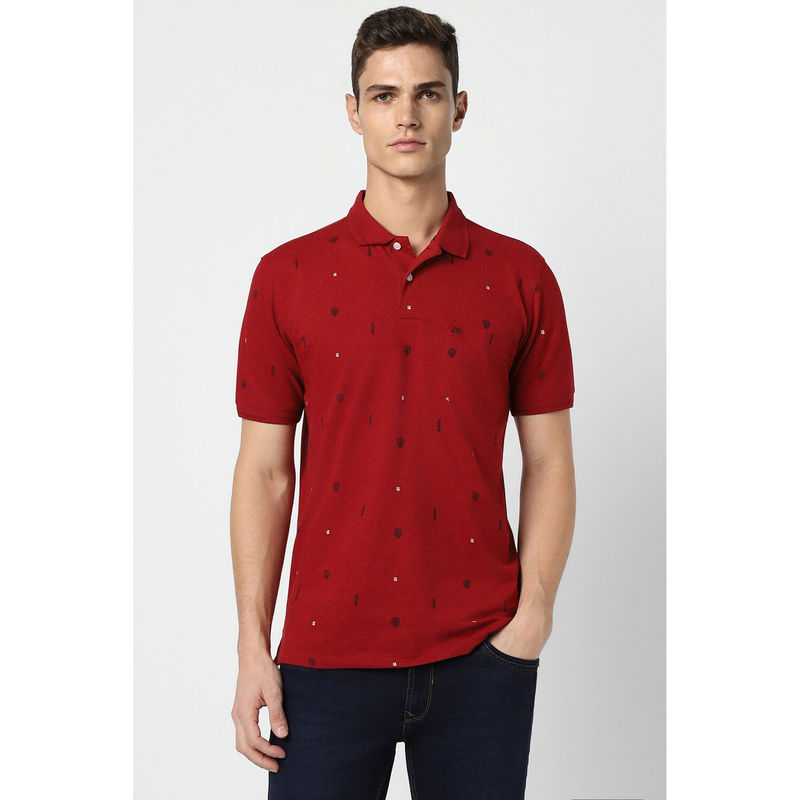 Peter England Mens Red Print Collar Neck Polo T-Shirt (S)