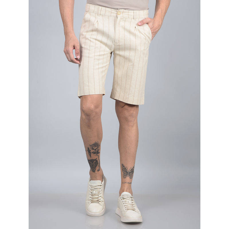 CRIMSOUNE CLUB Men Beige Vertical Stripes Linen Shorts (30)