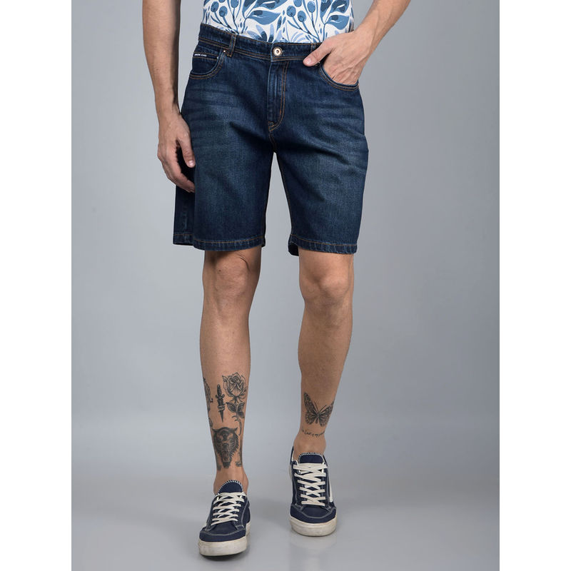 CRIMSOUNE CLUB Men Navy Blue Pure Cotton Denim Shorts (34)