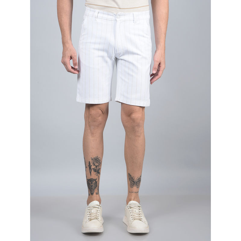 CRIMSOUNE CLUB Men White Vertical Stripes Linen Shorts (30)