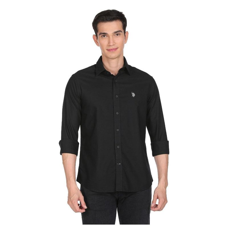 U.S. POLO ASSN. Men Black Premium Cotton Solid Casual Shirt (M)
