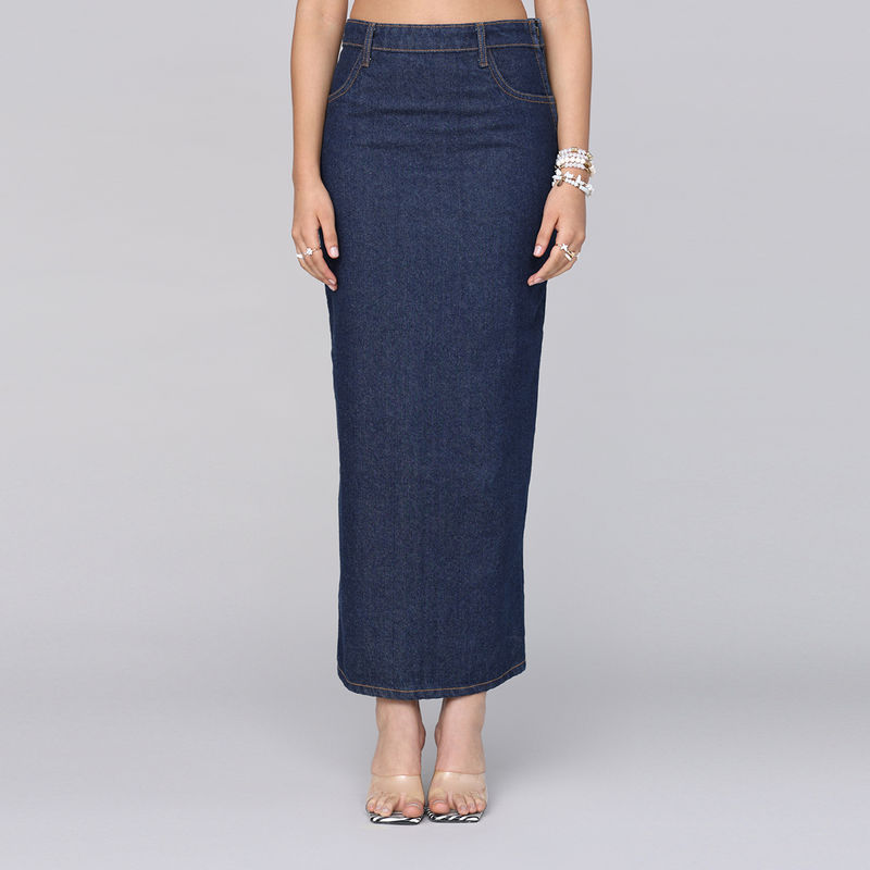 MIXT by Nykaa Fashion Blue High Waist Column Maxi Denim Skirt (30)