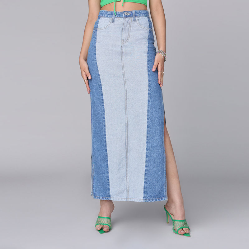 MIXT by Nykaa Fashion Blue Colorblock High Waist Column Denim Maxi Skirt (26)