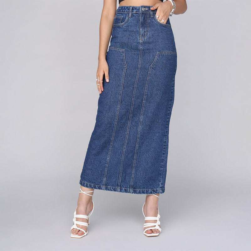 MIXT by Nykaa Fashion Blue High Waist Straight Fit Solid Column Denim Maxi Skirt (24)