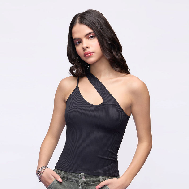 MIXT by Nykaa Fashion Black Solid One Shoulder Tank Top (S)