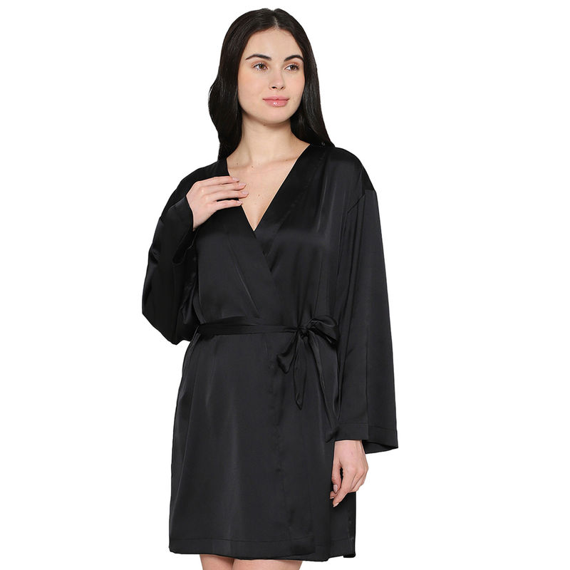 Wacoal Womens Long Sleeve Shiny Finish Bridal Wear Satin Robe with Belt-Black (XL)