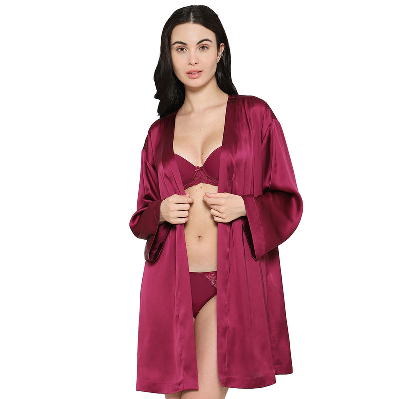 Wacoal Womens Long Sleeve Shiny Finish Bridal Wear Satin Robe with Belt-Burgandy (S)