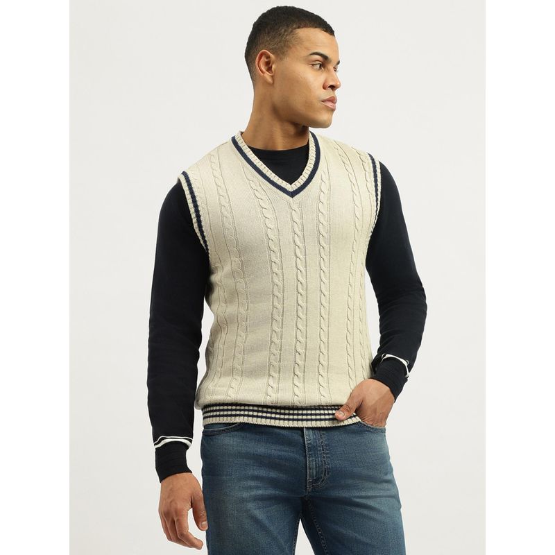 United Colors of Benetton Off White Regular Fit V-Neck Self Design Sweater (S)